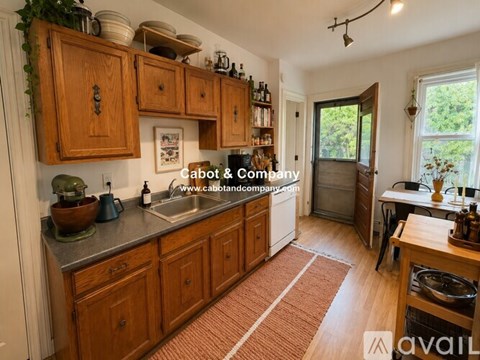 A kitchen with wooden cabinets and a sink.