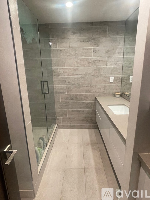A bathroom with a walk-in shower and a sink.