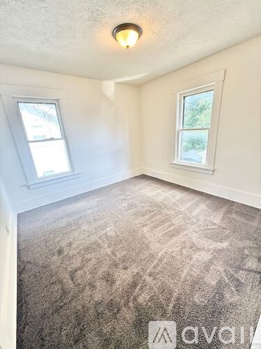A room with a carpeted floor and two windows.