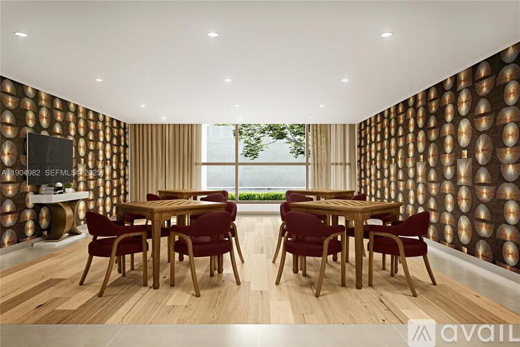 A modern dining room with a wooden table and chairs.