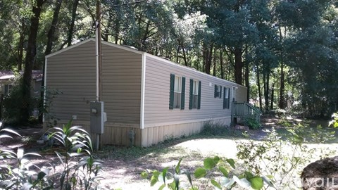 A small house with a brown roof is surrounded by trees.