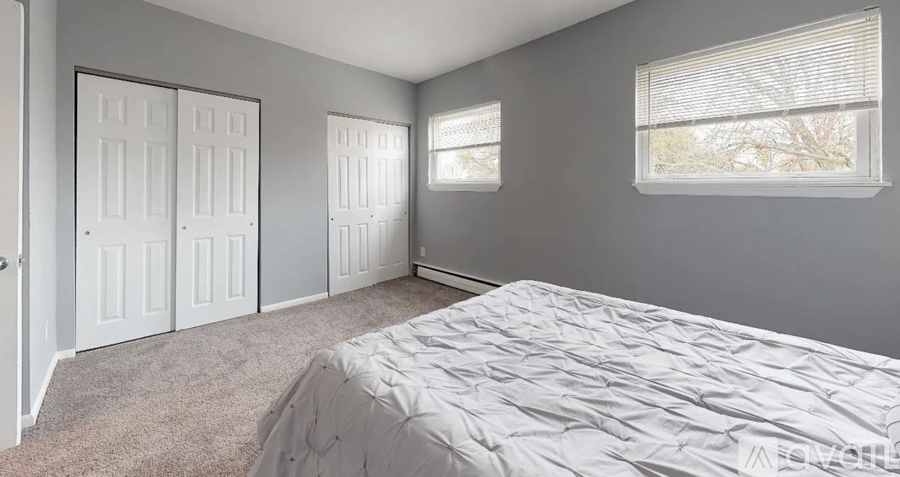 A bedroom with a large bed and two windows.