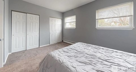 A bedroom with a large bed and two windows.