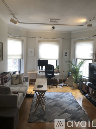 A living room with a grey couch, a white coffee table, and a grey rug.