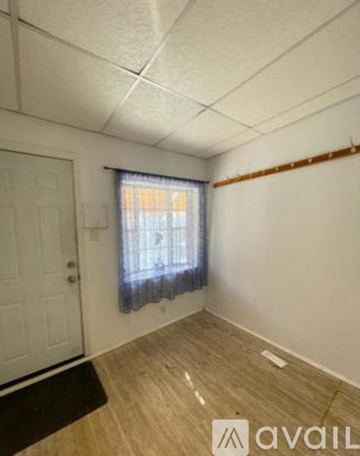 A room with a door, a window with curtains, and a wooden floor.