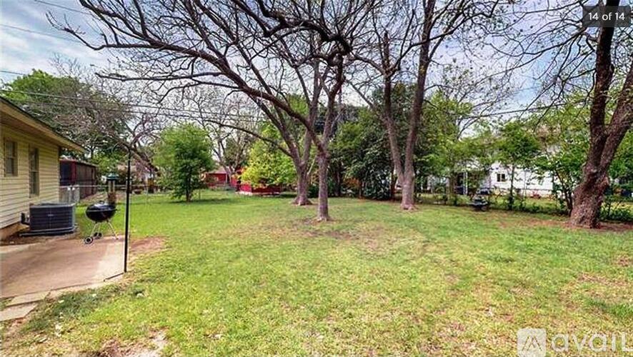 A backyard with a lawn and trees.