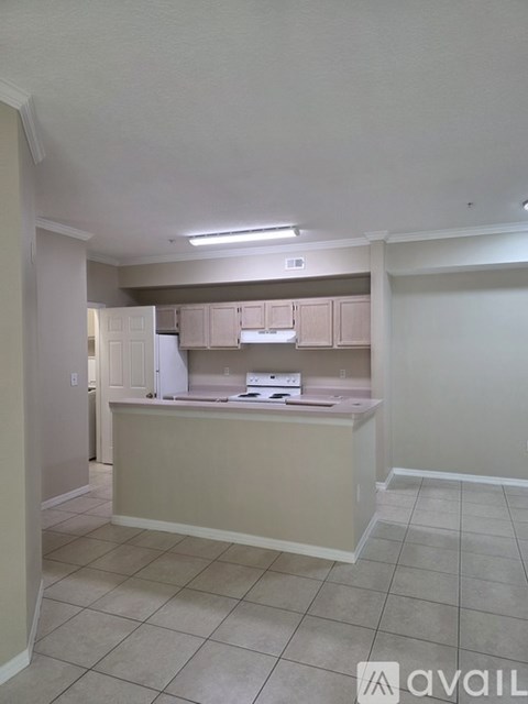 A kitchen area with a counter and cabinets.