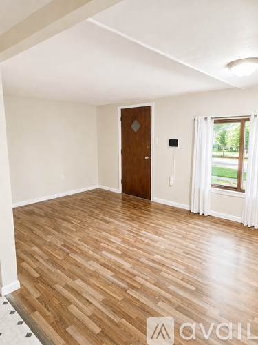 A room with a wooden floor and a brown door.
