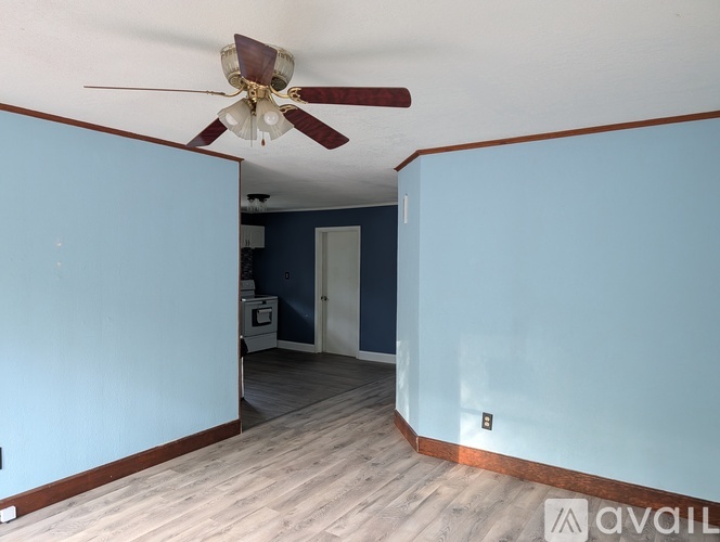 A room with a ceiling fan and light fixture.