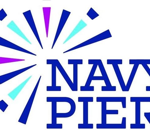 The image features the words "NAVY PIER" in bold, blue letters with a vibrant, multicolored burst design behind it.