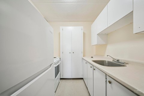 A white kitchen with a sink and a refrigerator.