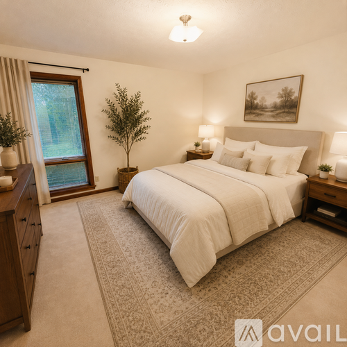 A bedroom with a large bed, a nightstand with a lamp, and a framed picture on the wall.