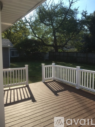 A deck with a white railing and a tree in the background.
