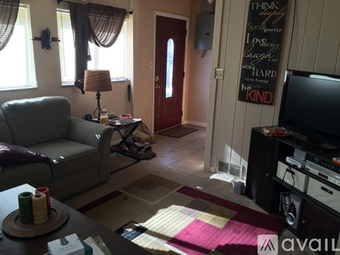 A living room with a grey couch and a television.