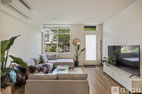 A living room with a couch, a television, and a plant.