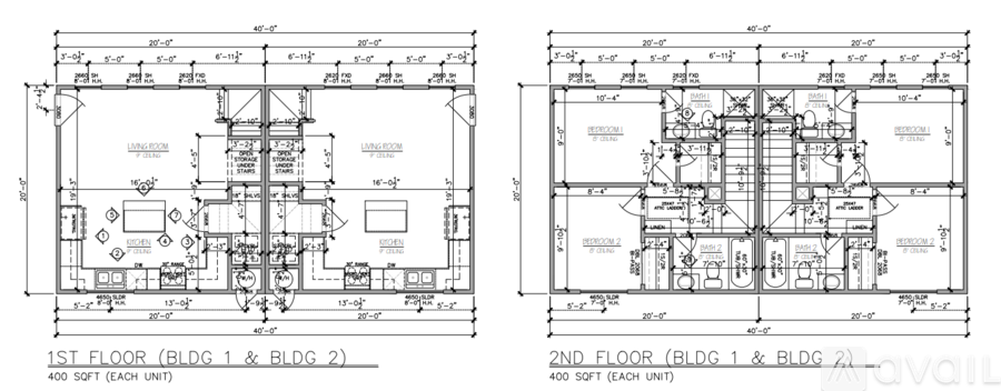 Two architectural floor plans for the first and second floors of a building.