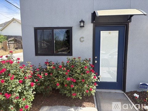 A house with a blue door and a window with a white frame.