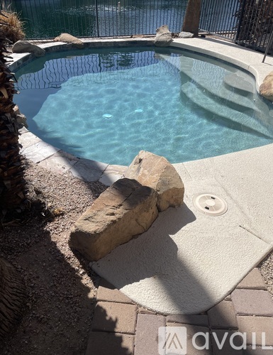 A pool with a rock in the middle of it.