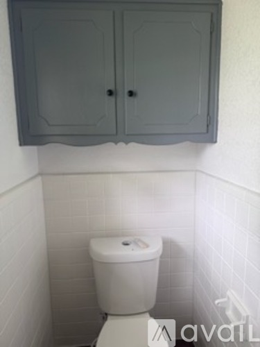 A toilet in a small bathroom with a cabinet above it.