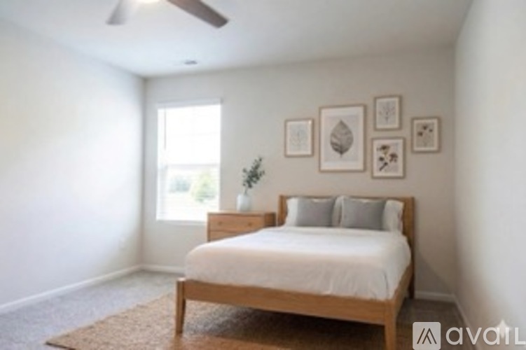 A bedroom with a bed, a ceiling fan, and pictures on the wall.