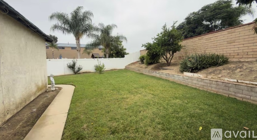 A backyard with a concrete wall and a grassy area.