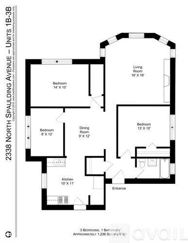 A floor plan for a 1B-3B unit at 2338 North Spalding Avenue shows a living area of 16x16, a kitchen of 10x11, and three bedrooms of