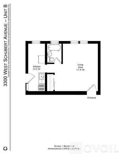 A floor plan of a unit at 3300 West Schubert Avenue shows a kitchen, living room, and bathroom.