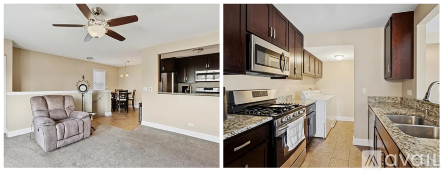 A split image of a living room and kitchen area.