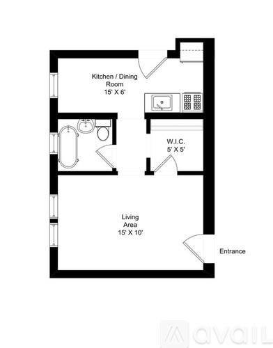 A floor plan of an apartment with a kitchen, dining room, living area, and a W.I.C.