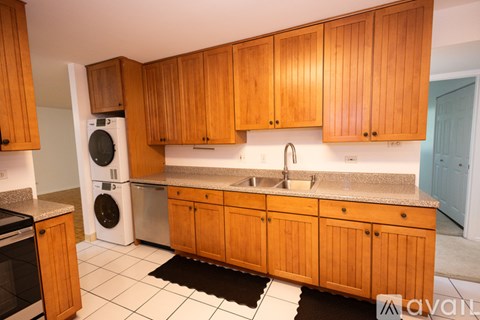A kitchen with wooden cabinets and a black and white rug.