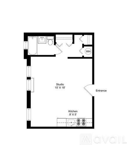 A floor plan of a studio apartment with a kitchen, bathroom, and entrance.