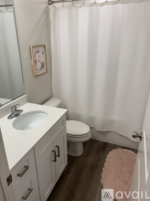 A white bathroom with a toilet, sink, and shower curtain.