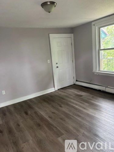 A room with a white door and a window with a view of trees outside.