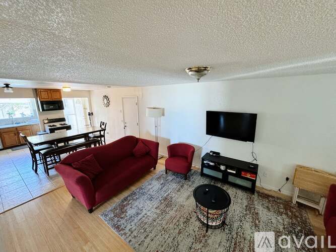 A living room with a red couch, a black TV, and a rug.