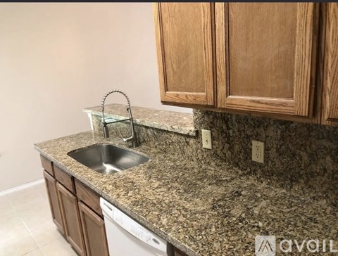 A kitchen counter with a sink and a faucet.