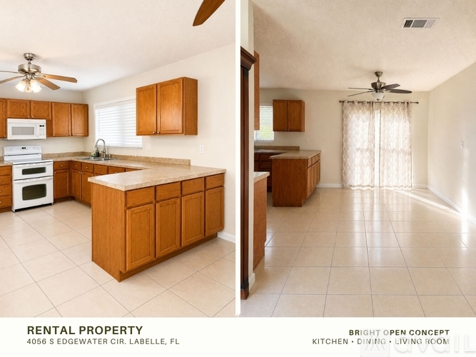A bright open concept kitchen, dining and living room.