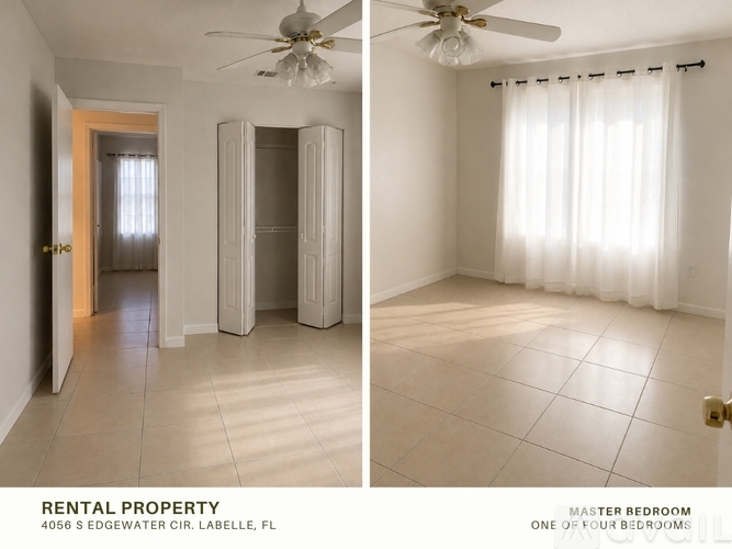 A rental property in Labelle, FL, has a master bedroom with a ceiling fan and a window with curtains.