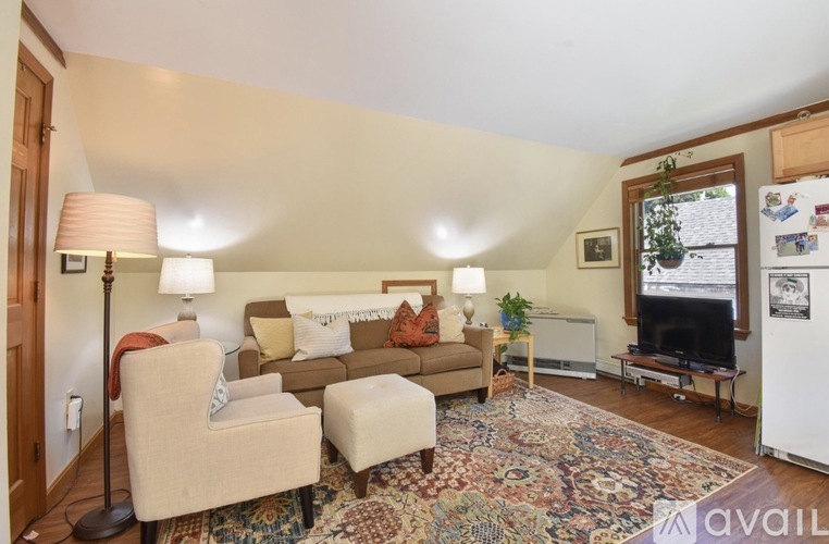 A living room with a couch, chair, ottoman, and a rug.