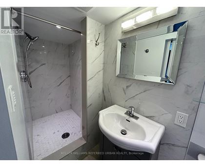 A bathroom with a sink, mirror, and shower.