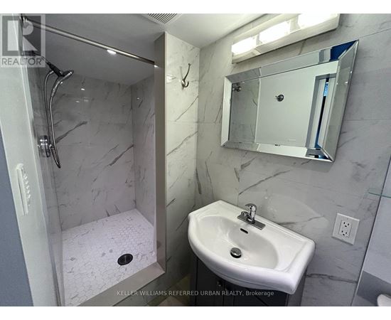 A bathroom with a sink, mirror, and shower.