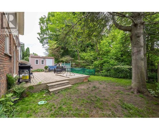 A backyard with a deck, a tree, and a small building in the background.