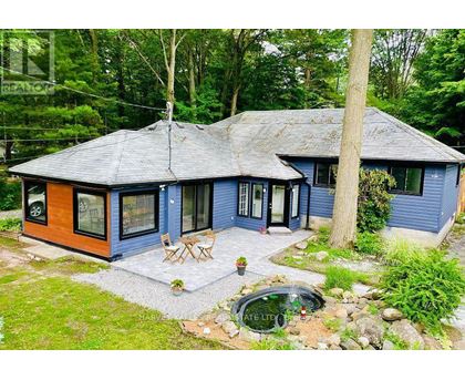 A blue house with a grey roof and a small garden in front.