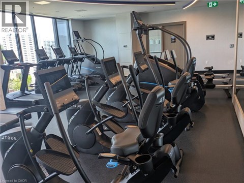 A gym with a row of treadmills.