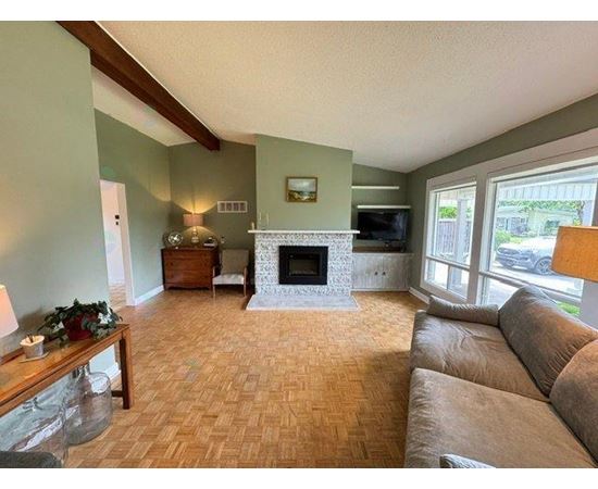 A living room with a fireplace and a couch.