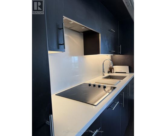 A modern kitchen with a stainless steel sink and dark cabinets.