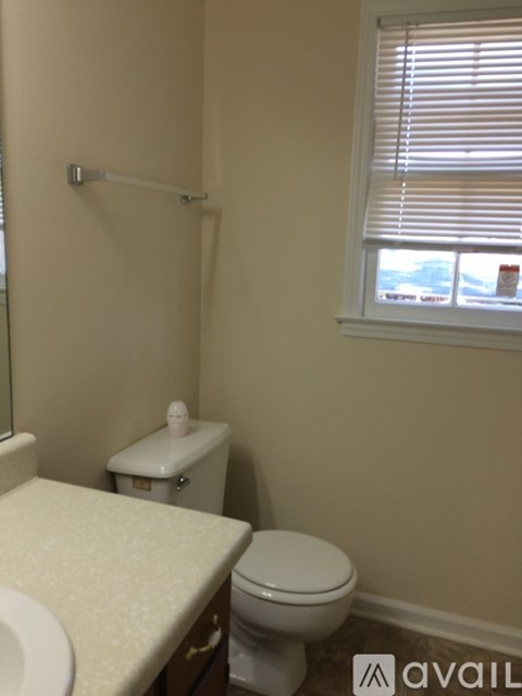 A bathroom with a toilet, sink, and window.