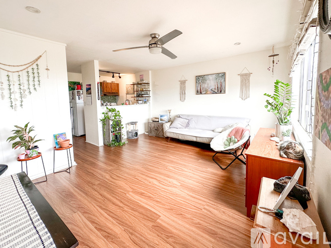 A living room with a white couch and a wooden floor.