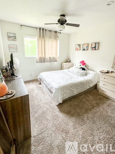 A bedroom with a bed, dresser, and ceiling fan.