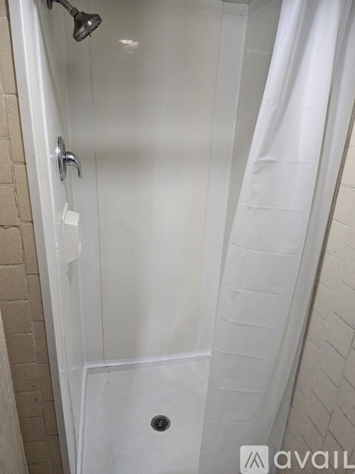 A shower stall with a glass door and a white shower curtain.