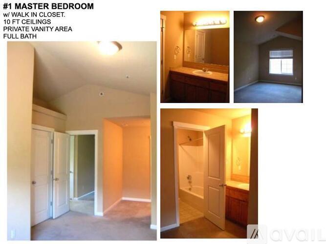 A master bedroom with walk-in closet, 10 ft ceilings, private vanity area, and full bath.